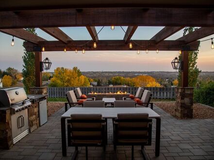 Beautiful patio and outdoor living space with hanging lights